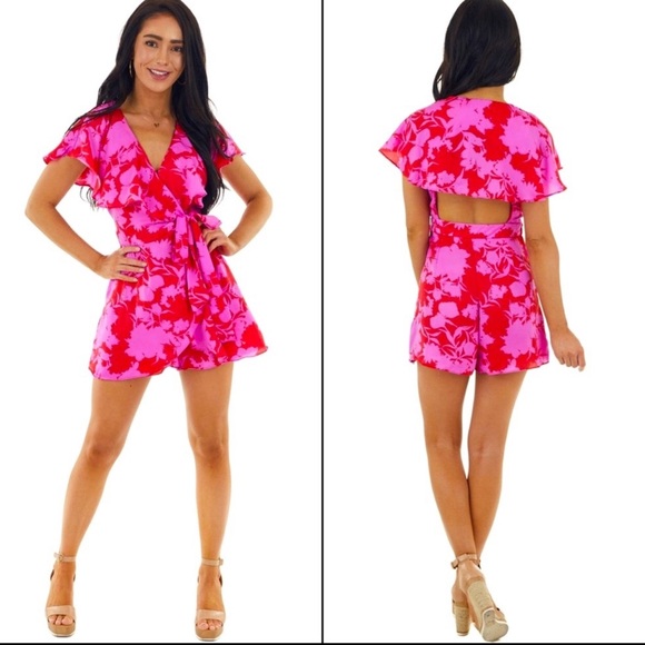 DO+BE Floral Wrap Open Back Romper Pink/Red Size M - Picture 2 of 16